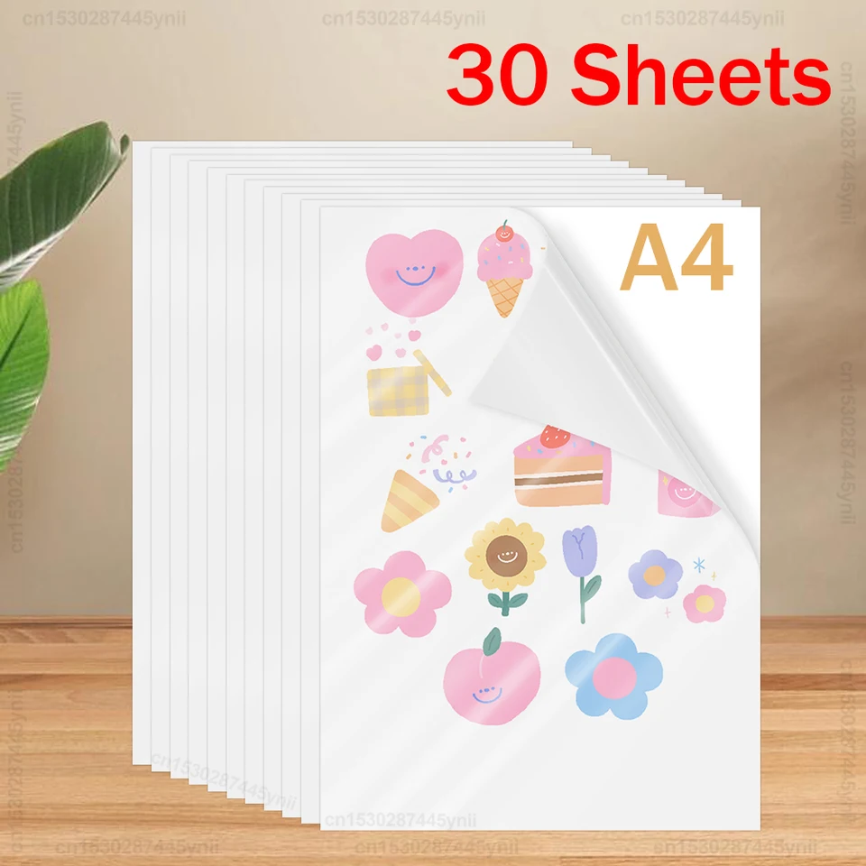 30pk A4 papierové listy samolepiace na tlač vinylovej nálepky Paper DIY Glossy White Transparent Label Nálepka pre atramentovú tlačiareň