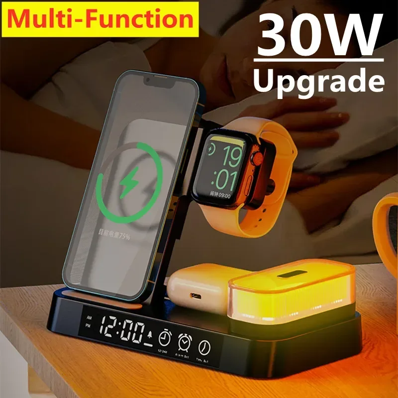 30W 3 v 1 bezdrôtovej nabíjačky stánok Pad Alarm Hodnoty Night Light Rýchle nabíjacie stanice Dock pre iPhone Samsung Galaxy Watch Iwatch