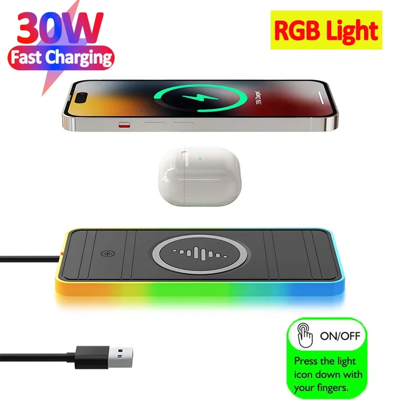 30W RGB Light Car Wireless nabíjačka stojan na nabíjačku pre iPhone15 14 13 12 12 Xiaomi Samsung Huawei Mobilný telefón rýchly automobil bezdrôtové nabíjanie