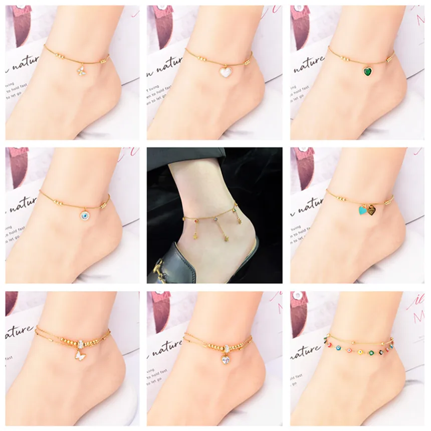 316L z nehrdzavejúcej ocele Pearl Love Srdce v tvare Zelené zirkónové oči Anklets Dámsky módny trend Vysoké šperky plážové doplnky B436