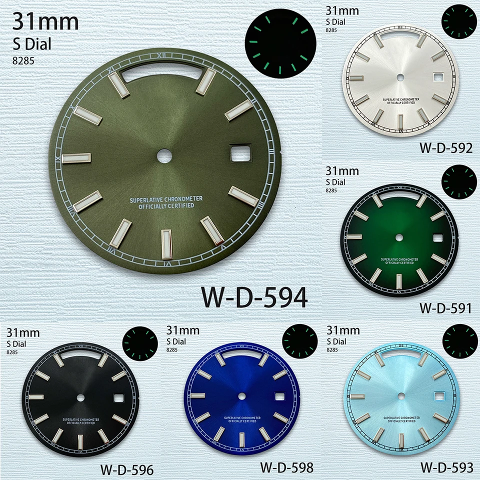 31mm S Logo Deň a dátum voľnobúrok 8285 Pohyb Green Luminous Sunray Vysokokvalitné vytáčanie hodiniek Modifikácia Príslušenstvo