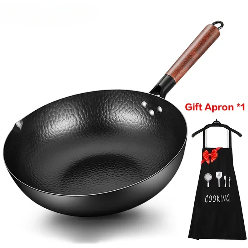 32 cm Tradičné železné uhlíkové oceľ Wok Pank Neprežadované kuchynské kuchynské kuchárky Woks a premiešajte panvice s opláchnutím s vekom pre všetky kachle