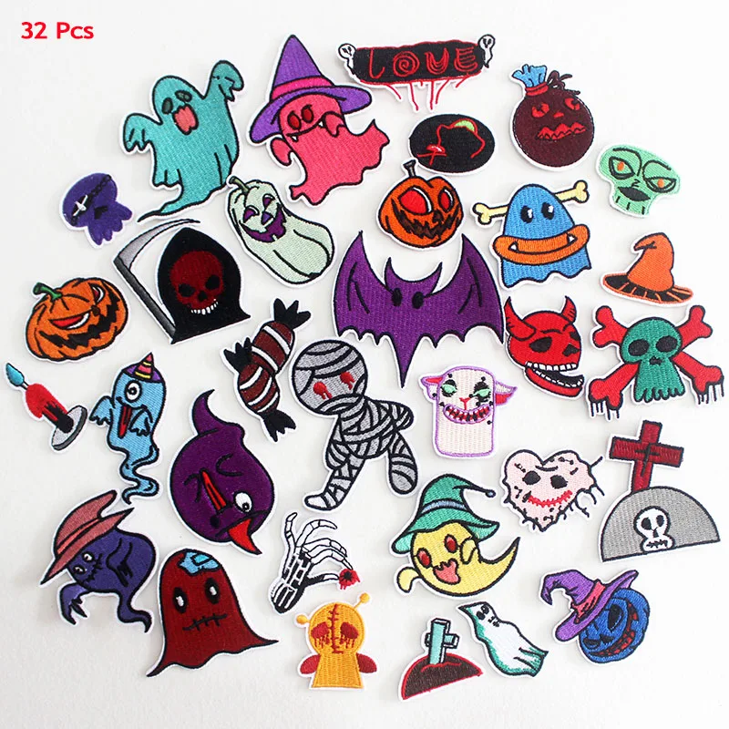 32 ks/šarže karikatúrne látkové záplaty železo na lebke Halloween Ghost Festival Toderné nálepky pre oblečenie detí výšivky pruhov
