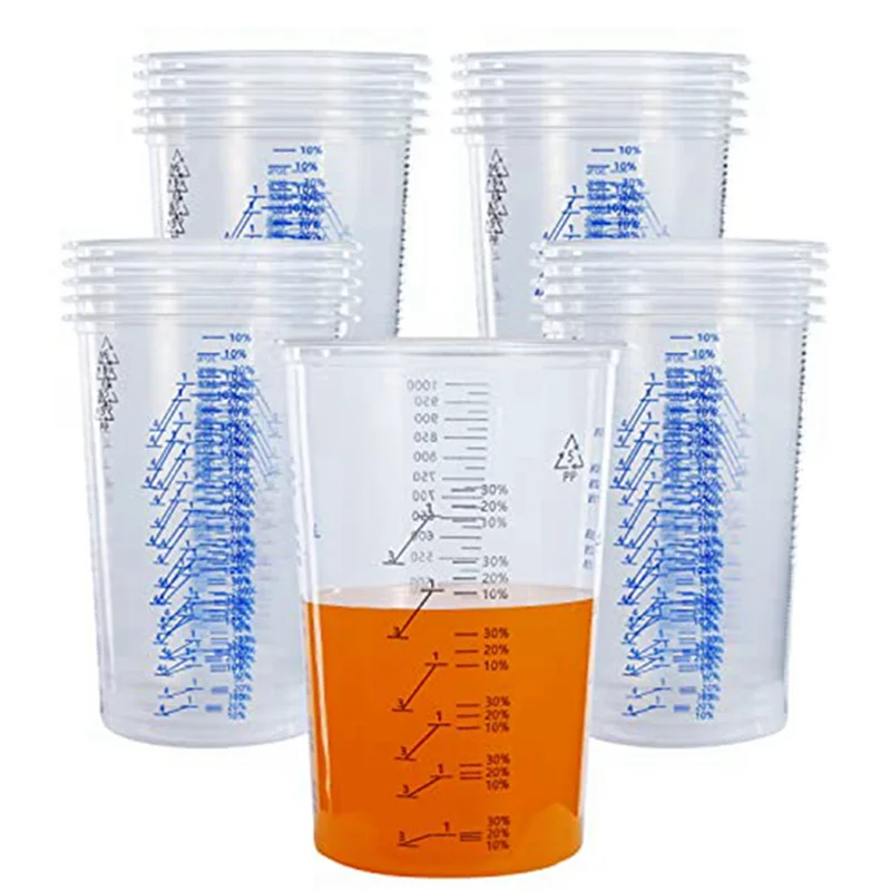 32 oz (1 000 ml) jednorazové flexibilné priehľadné odstupňované plastové miešacie šálky Používa sa na pomery epoxidovej zmesi na farbenie, 25 balení