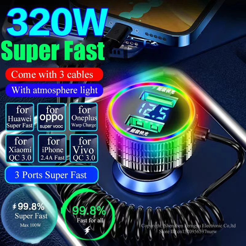 320W USB Car nabíjačka s atmosférou svetlom 5 v 1 rýchleho nabíjania adaptéra pre iPhone 13 14 Pro Max 12 Samsung Huawei Oppo OnePlus
