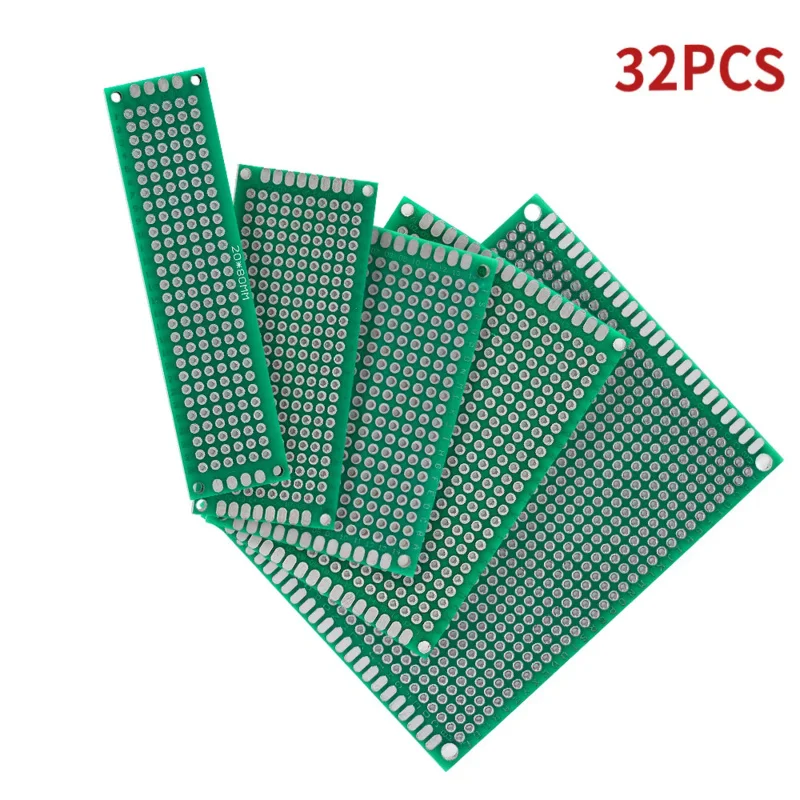32ks PCB súprava obvodov obvodov obvodov obojstranne 2*8cm 3*7cm 4*6cm 5*7cm 7*9cm zelená doska DIY Proto DIY Proto