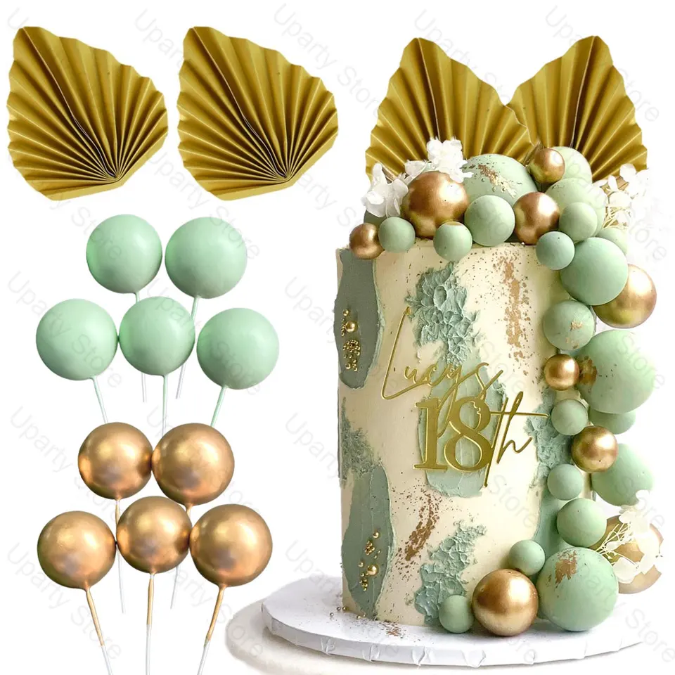 32ks zelené zlaté balóny koláč torty kovové zlaté papierové ventilátory Stojany SAge Green Cake Gule na narodeniny
