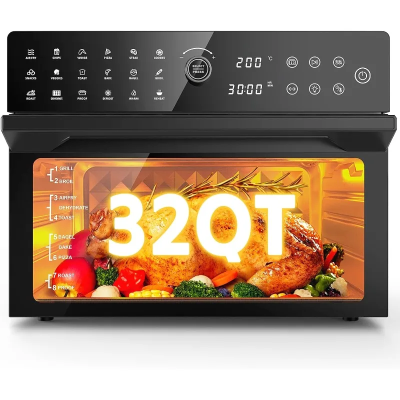 32QT Extra veľký vzduchový fritéza, hriankovač rúry vzduchové fritéza, 360 ° Horúci vzduch pre zdravšie potraviny, 1800 W predvolený duálny kuchár