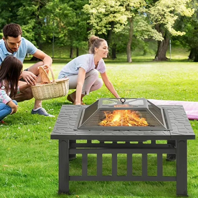 32x32x17inch Outdoor Metal Wood Worling Square Fire Pit Prenosná záhrada Courtyard Fire Bowl s iskra