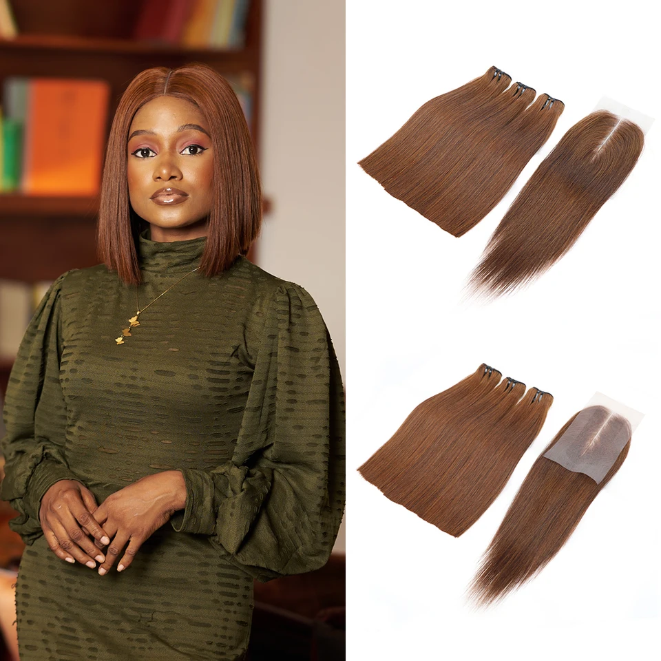 33 Brown Black Bone Straight 3 zväzky so zatváraním Vietnamu Raw Rovné ľudské vlasové zväzky s uzáverom 2x6 čipky Kim K Uzáver