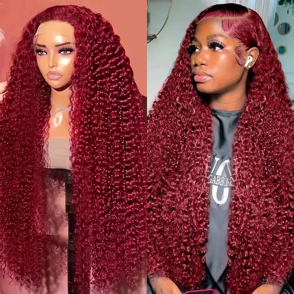 34 36 palcov 13x4 Deep Wave Curly HD Lace Lace Frontal Wig 99J Burgundsko 13x6 čipky Červené farby ľudských vlasov parochne 200 hustoty