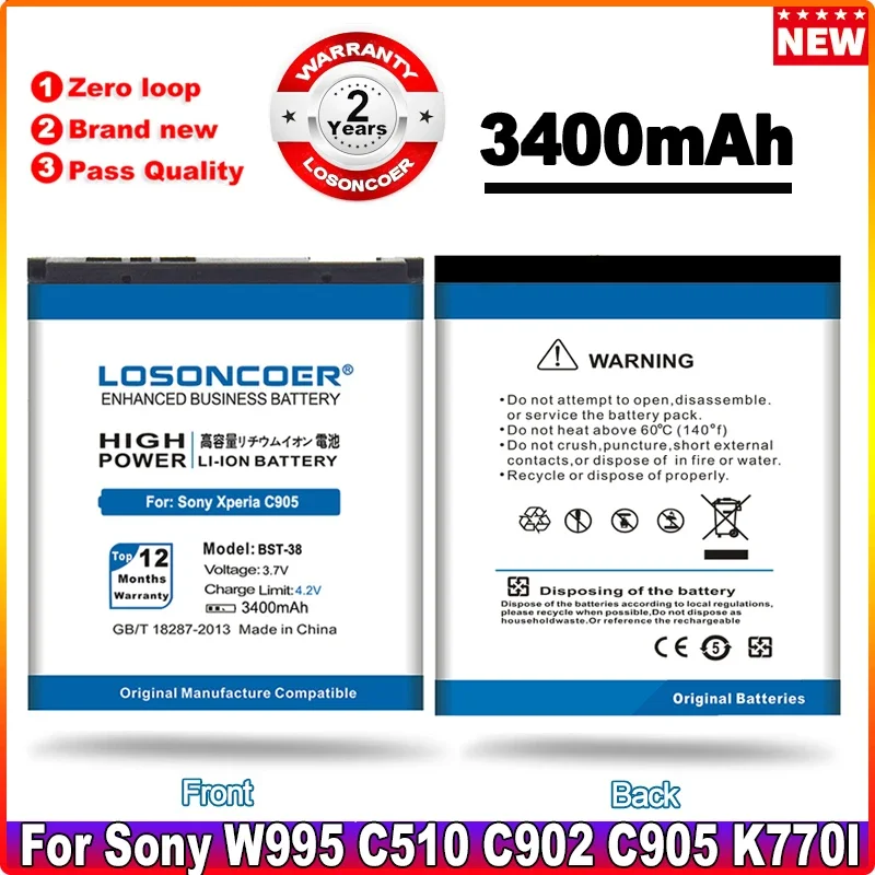 3400MAH BST-38 BST 38 pre spoločnosť Sony Ericsson W580 BATTERT W760 T650 X10 W980 W995 C902 C905 C905C K770I K850 Z770I K770 S500C