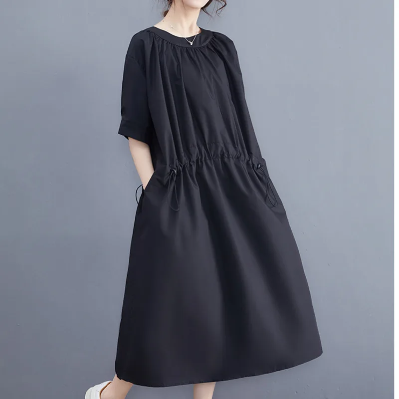 #3436 Summer Vintage midi šaty Ženy s krátkym rukávom voľný kórejský štýl šnúrky A-line šaty femme vrecká čierne hnedé
