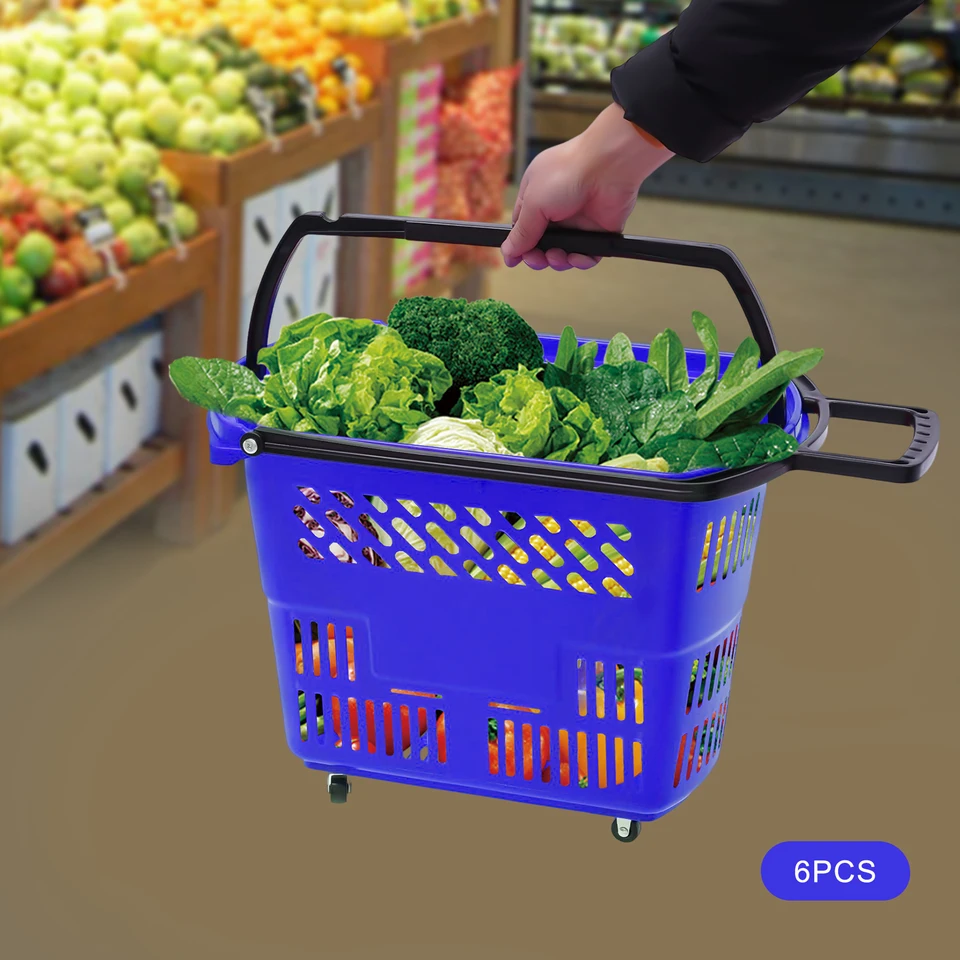 35L 6ks nákupné vozíky s kolesami a rukoväťou modrý plastový prenosný prenosný nákupný kôš Set pre supermarkety Maloobchodné predajne