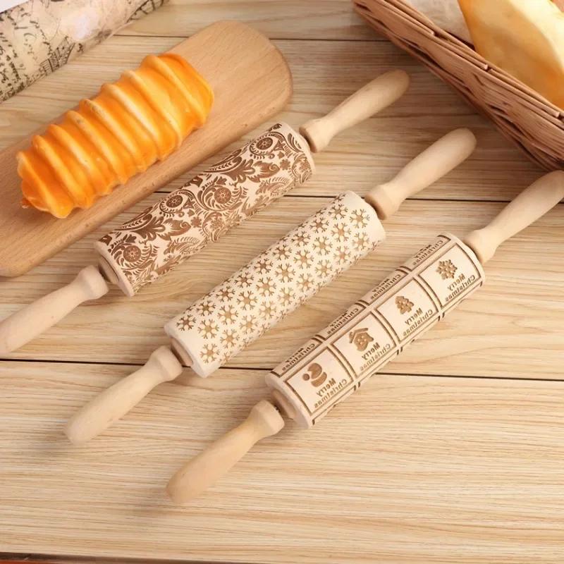 35x4,5 cm európske retro kvetinové grily hlboko vyryté drevené vyrazené sušienky Rolling Pin na pečenie 3D formy