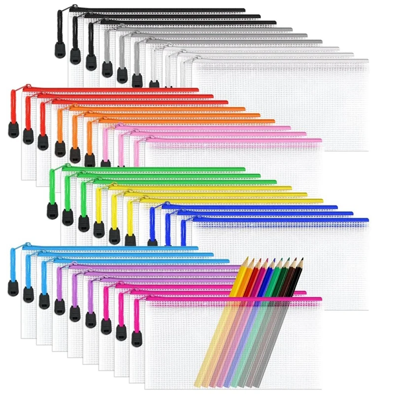36 ks Mesh Document Bag Clear ceruzka Puzdro Pase Priečinky PVC nepremokavé cestovné úložisko pre školské potreby, 12 farieb