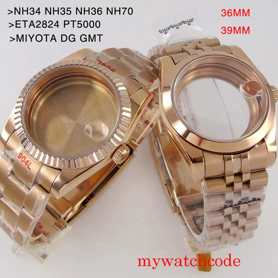 36 mm 39 mm ružové zlato Dátum Dátum Flutted Watch Case pre NH34 NH35 NH36 NH38 NH70 NH72 ETA2824 PT5000 MIYOTA DG Steel Band