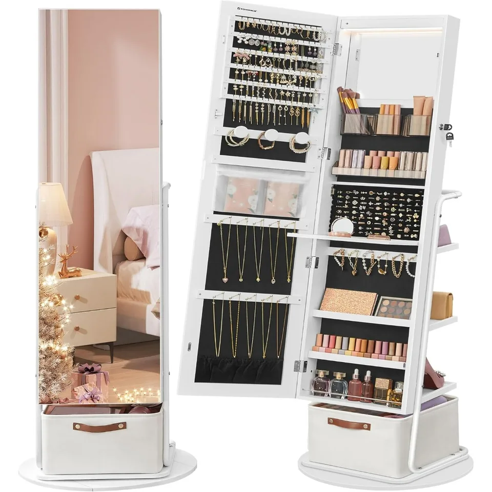 360 ° otočná zrkadlová skrinka na šperky so svetlami, zrkadlo s celovečermi s úložiskom šperkov, organizátorom Armoire Stockerry Armoire