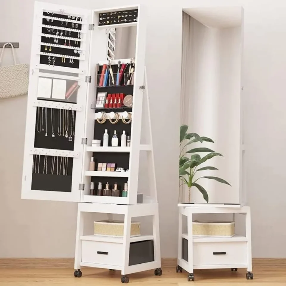 360 ° otočné šperky armoire, podlahové stojace blokovanie so zrkadlom v plnej dĺžke, spodnej zásuvky, bielej skrinky (biela push-pull)