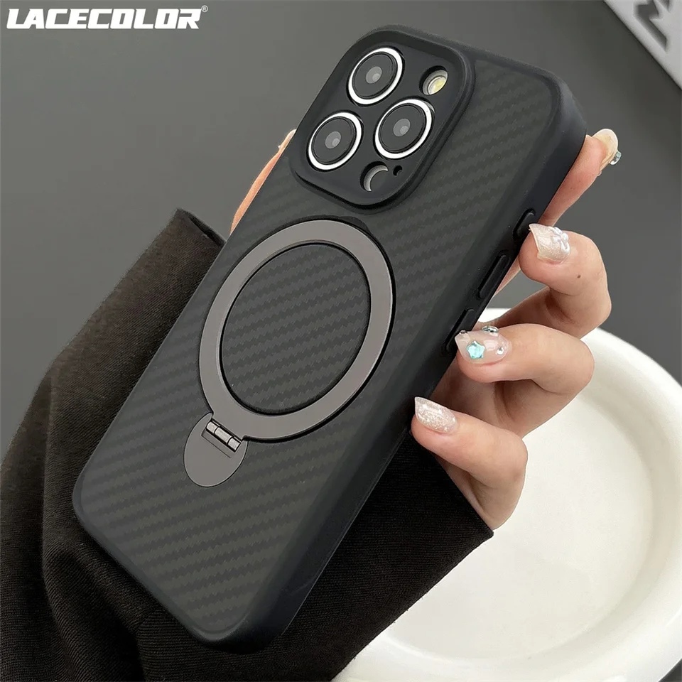 360 ° otáčanie magnetického stojana Zadné puzdro pre uhlíkové vlákno pre iPhone 16 15 plus 14 13 12 11 Pro Max