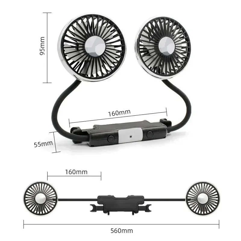 360 ° rotácia Dvojité hlavné auto Venci ventilátora 5 Ventilátorové čepele 3-stupňové nastavenie vetra USB Automatické chladenie ventilátorov pre letné auto