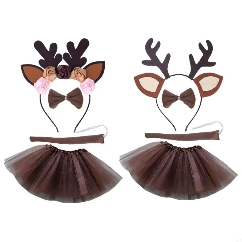 367C Girls Reindeer Antler Headband Tail Sukňa/Bowknot Halloween Role Hracie obleky