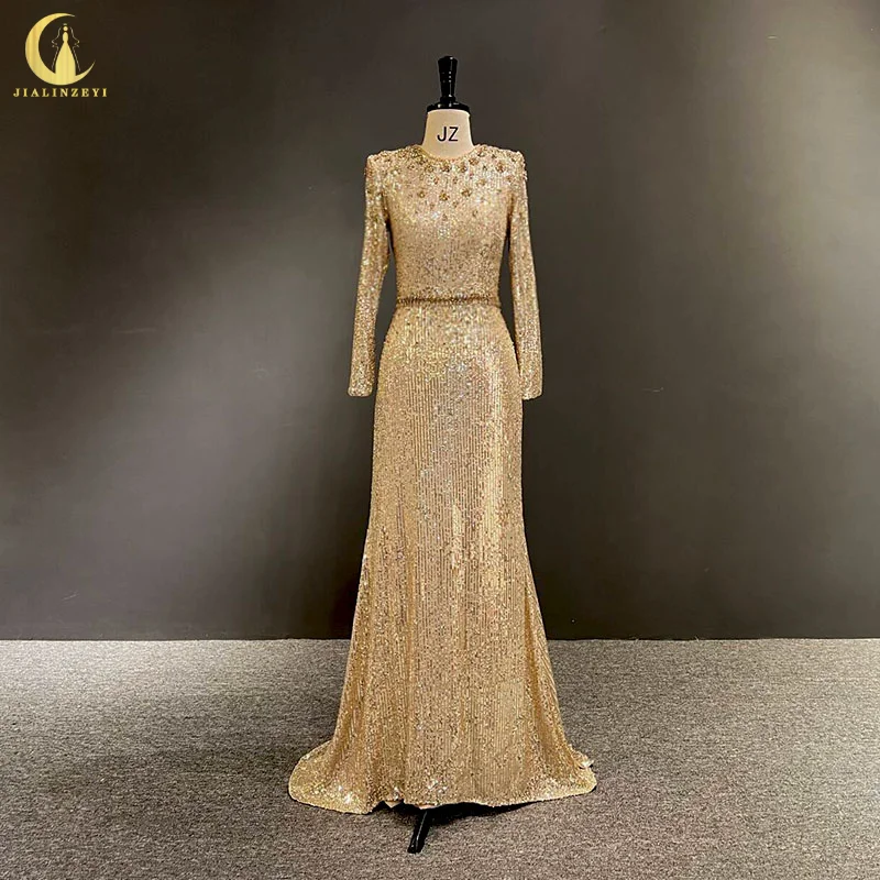 3692 Real Gold Champagne dlhé rukávy Flitre Crystal Mermaid فساتين السهرة rúž de soirée Vestidos de Fiesta Večerné šaty