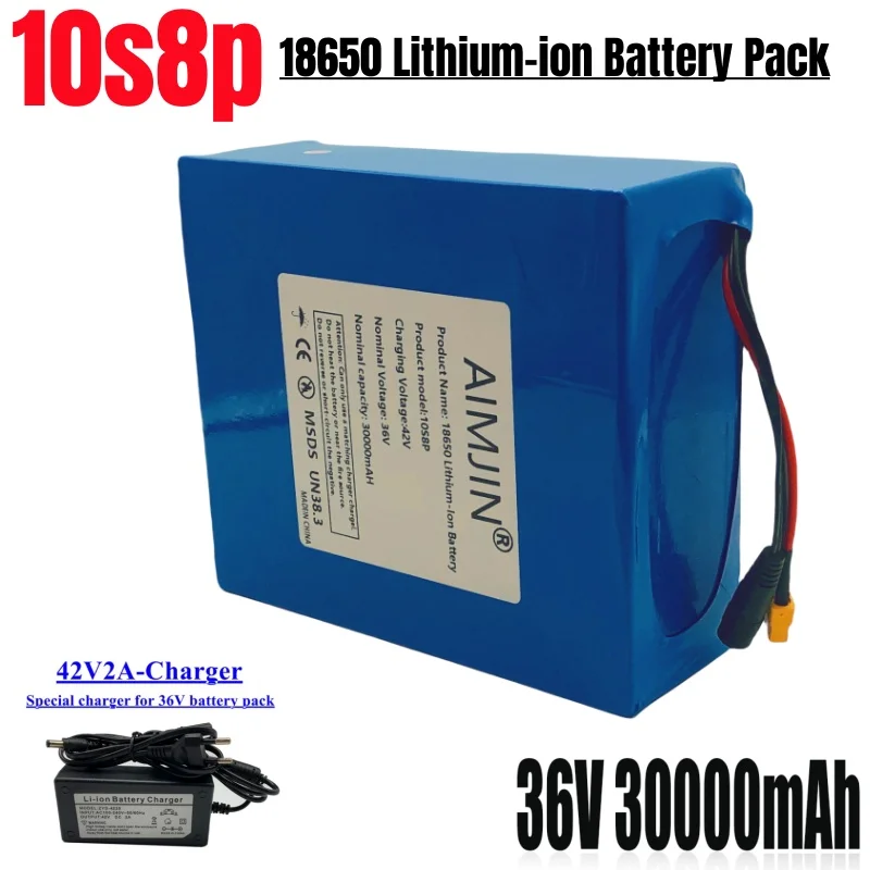 36V 30AH 18650 10S8P A A A BATKÁRA TRIEDA AKO TRIEDA, Vstavané 1500 W, vhodné pre rôzne zálohovanie na ukladanie energie+42V 2A nabíjačka