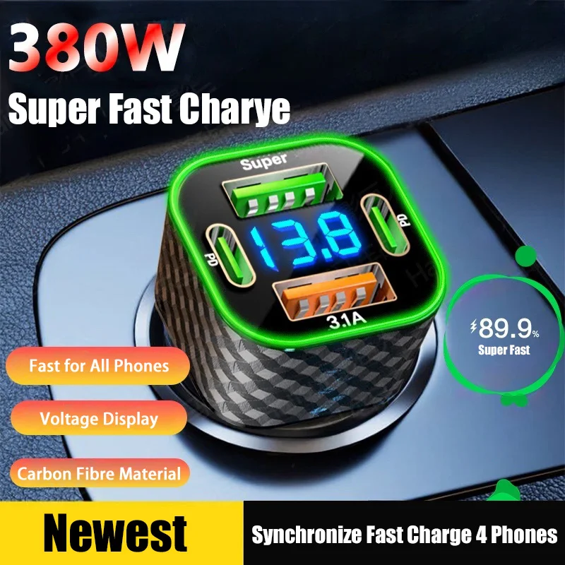 380 W nabíjačku automobilu USB C DUAL PD 4 v 1 s napäťovým displejom Super rýchle nabíjanie adaptéra pre iPhone Xiaomi Oppo Vivo Samsung