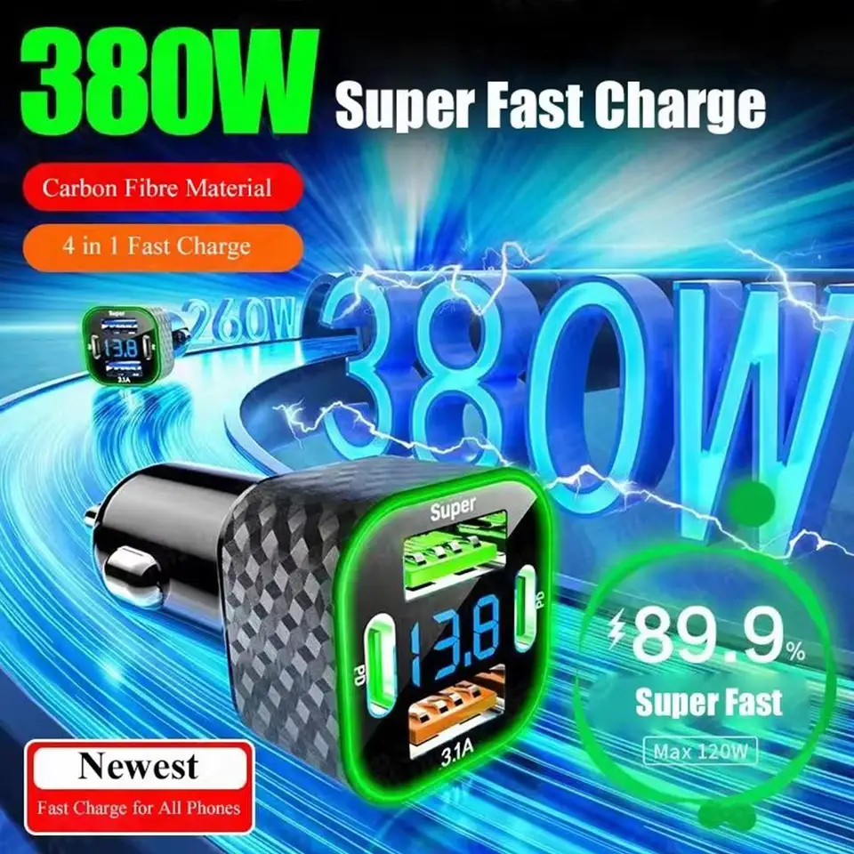380 W nabíjačku mobilného telefónu s digitálnym displejom DC 12V/24V Super rýchle nabíjacie adaptéry