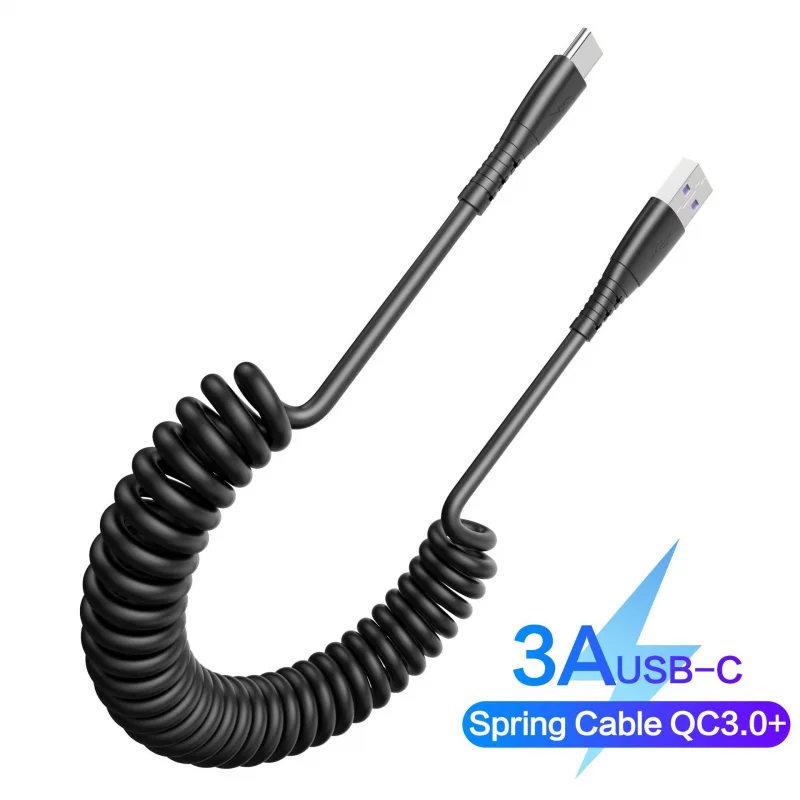 3A Rýchle nabíjanie kábla zatiahnuteľné pružinové pružiny Dátový kábel mobilný telefón Kábel automobilu USB Type C Káčik na kábel