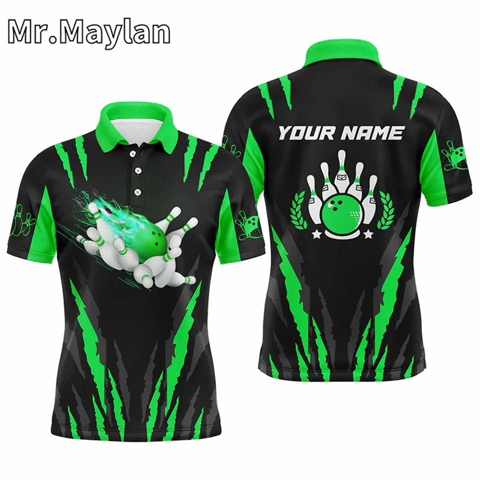 3D Bowling Green Polo košele pre mužov Vlastné meno Flame Bowling Ball a kolíky Bowling Darseys Darček pre milovníkov Bowling Unisex Tops