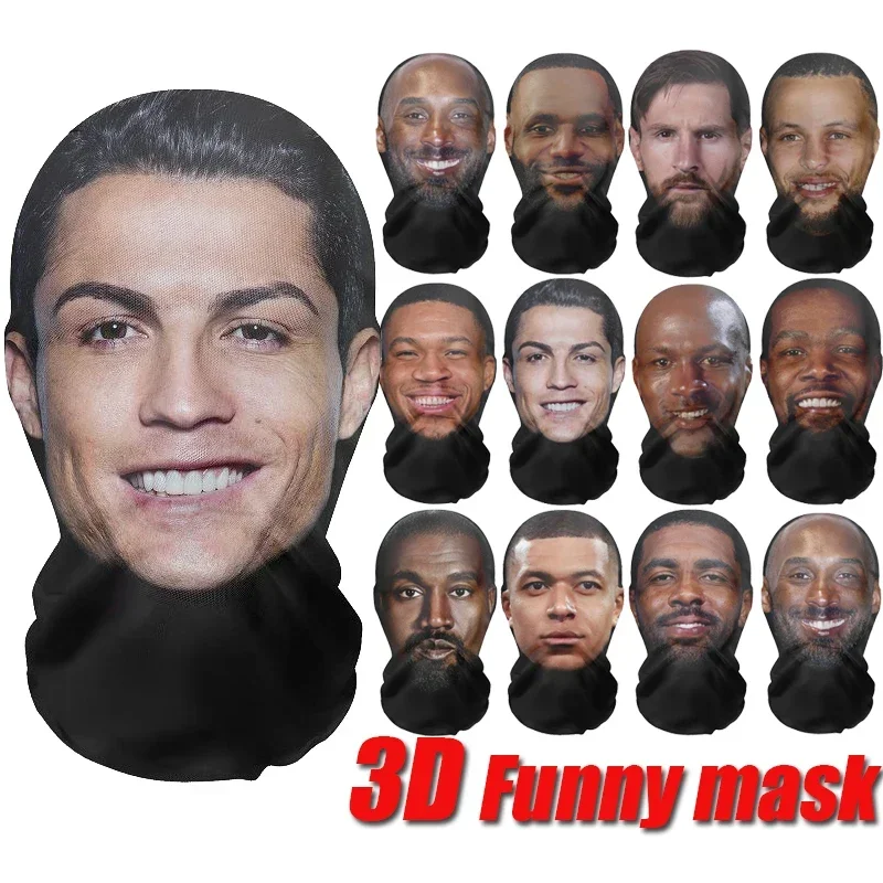 3D CR7 Messi Sladka Maska Funny tvár tlačená hlava šál slávny človek ľadová hodvábna slnečná krémová maska ​​Halloween Cosplay