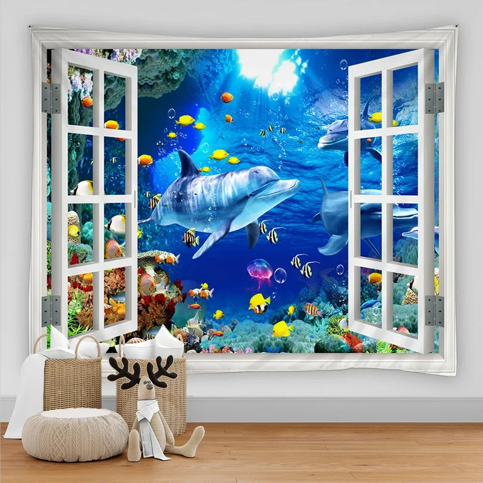 3D digitálna tlač gobelínu psychedelický oceán svet morský rybia delfíny Dolphin Tapestry Wall zavesenie morských zvierat Domov dekorácie