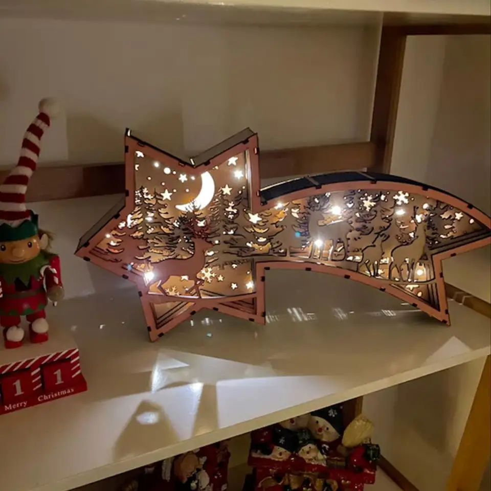 3D drevená rezbárska LED nočné svetlo vyrezávaný sob vianočné stromy Snowflake lampa vianočná stola socha pre domácu kanceláriu dekora