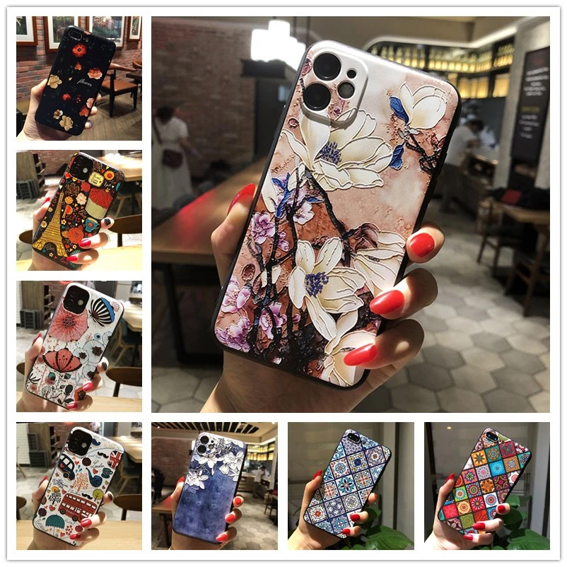 3D Emboss Floral Telefón pre prípady Huawei P40 Lite Puzdro Soft for Huawei Mate 40 Pro Plus y9a y6p tpu reliéf silikónové kvety kvety