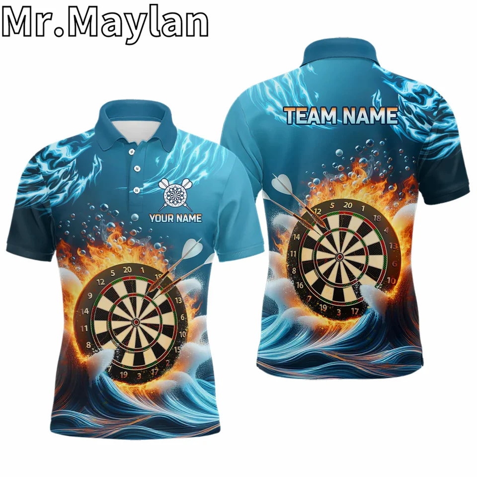 3D Fire and Water Blue Mens Darts Polo Tirls Custom Darts Shirt pre mužov Dart Team Jerseys Darček pre šípky Lovers Unisex Tee Tops