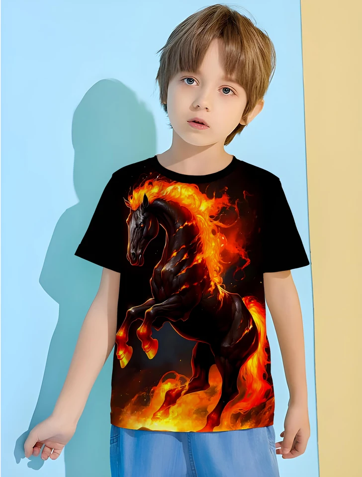 3D Fire Horse Kids Tričká oblečenie chlapec Detská tričko Detské oblečenie Boys oblečenie vrcholy Tričko s krátkym rukávom pre chlapca