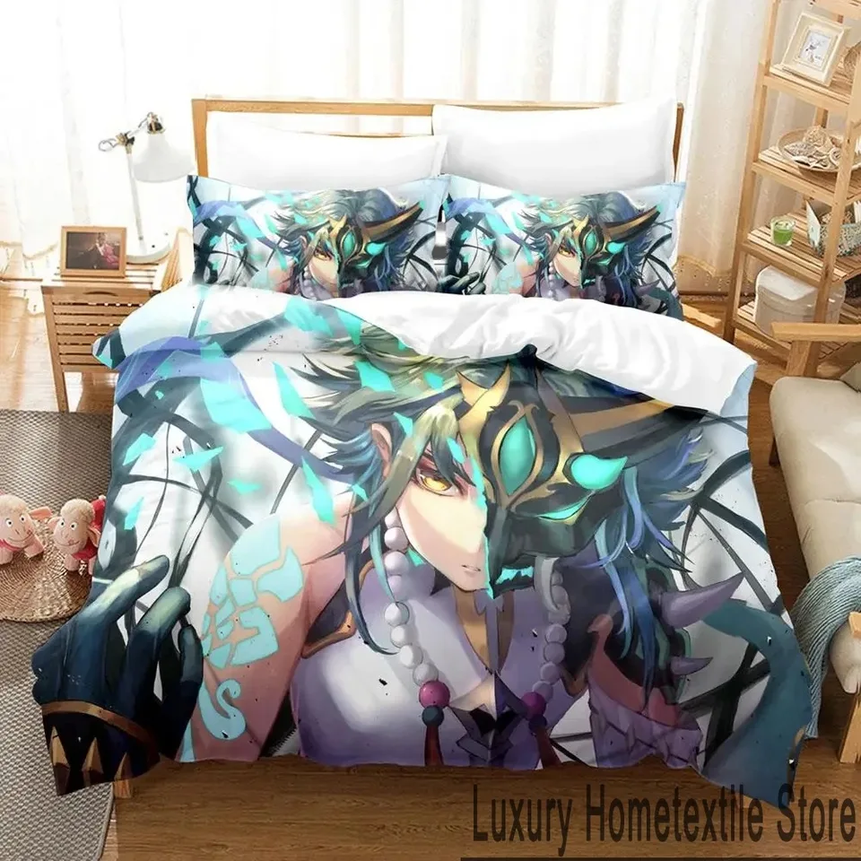 3D Genshin Impact Xiao Anime Bedding Set Set Ouvet Cover Bed Set prešívaná prikrývka vankúš Kráľovstvo King Queen veľkosti chlapcov pre dospelých