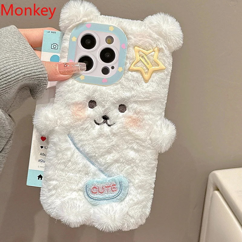 3D INS Cute Cartoon Batkack Bear iPhone puzdro pre iPhone 16 Pro Max Case 15 14 plus 13 12 11 teplý zimný plyšový mäkký kryt telefónu