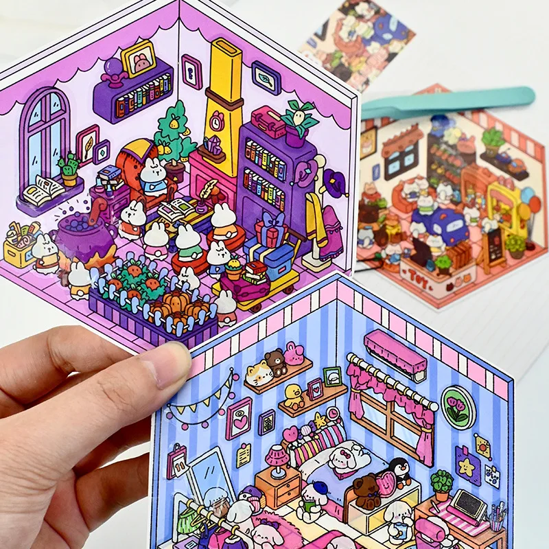 3D karikatúra králičie terénne nálepky Miniatúrne scéna dom pre domácich majstrov stohovanie ruky