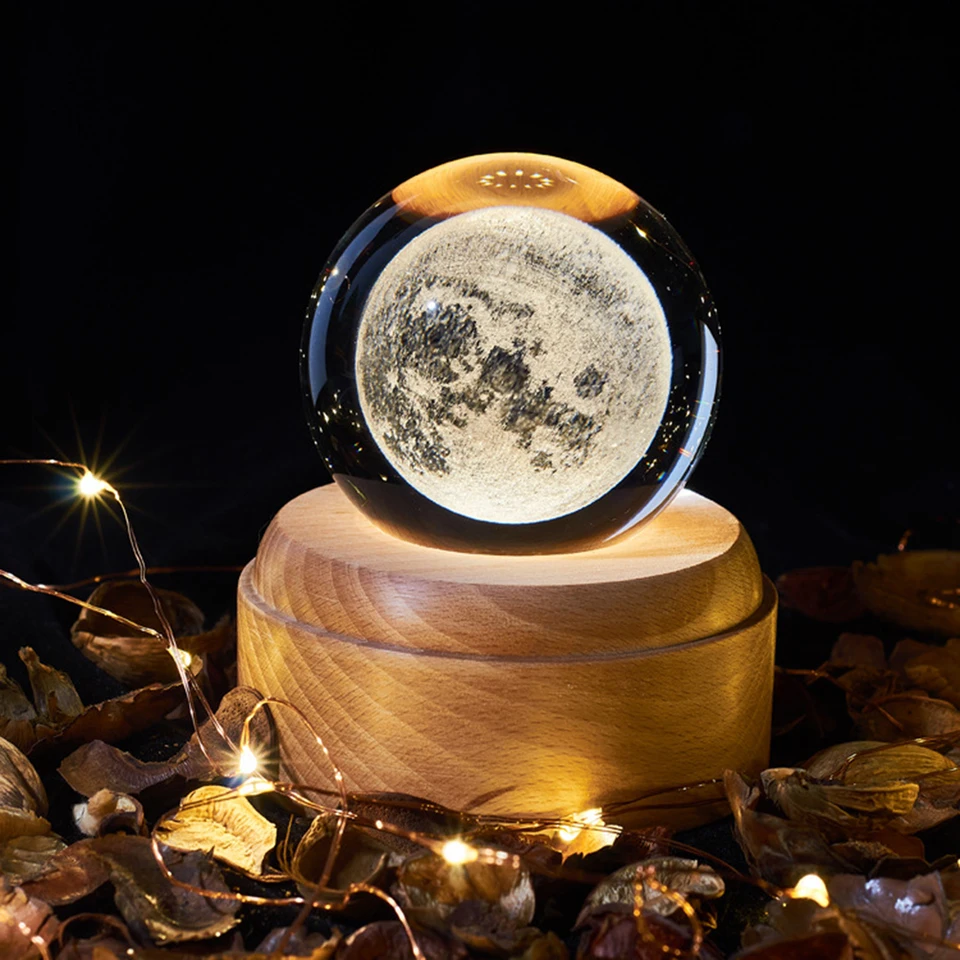 3D krištáľová guľa hudobná skrinka The Moon Luminous Rotuing Musical Box Ornament LED svetlo vesmír vesmír vianočné narodeniny darčeky