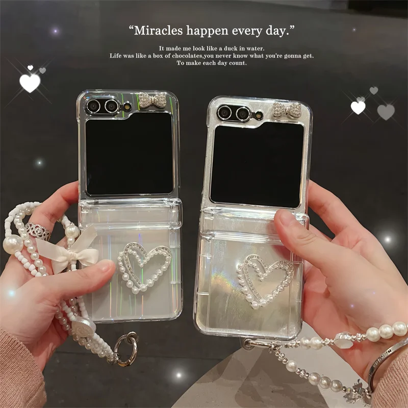 3D Love Heart Feather Karty priadze na náramok s náramkom pre puzdro pre Samsung Galaxy Z Flip 6 5 4 3 Z flip5 Zflip5 Vložky CARD CLEAR