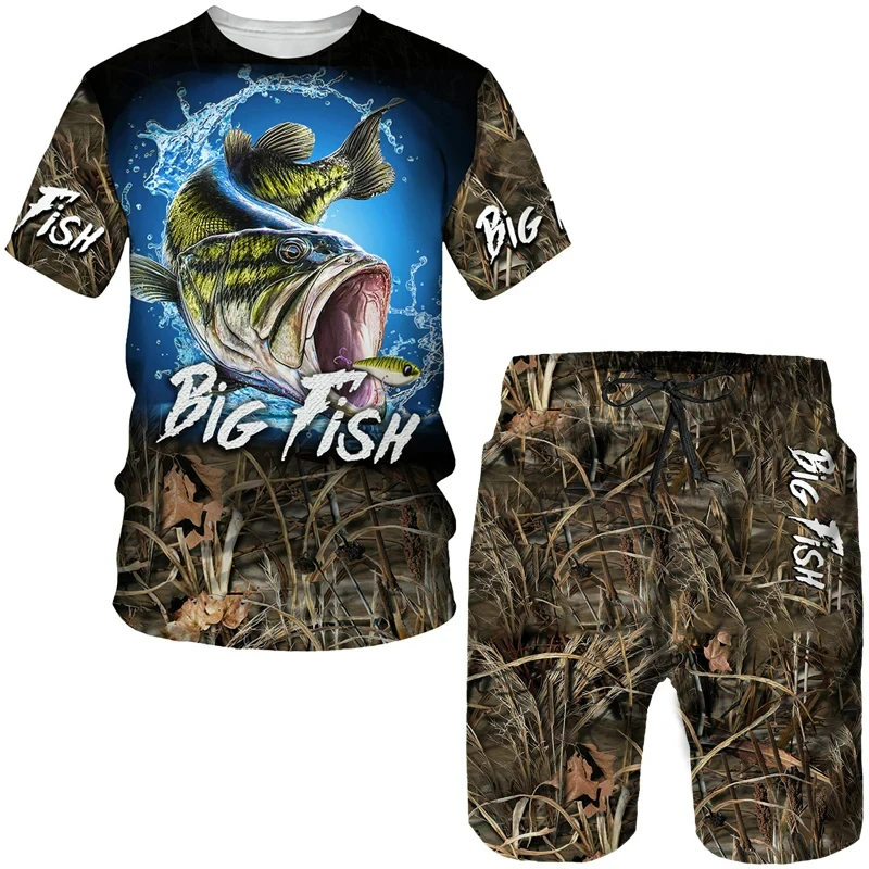 3D maskovacie rybolovné oblečenie Pánske šortky Sety Summer Sports Casure Tirts+Shorts 2ks Outfits Fashion O-Neck Tracksuit