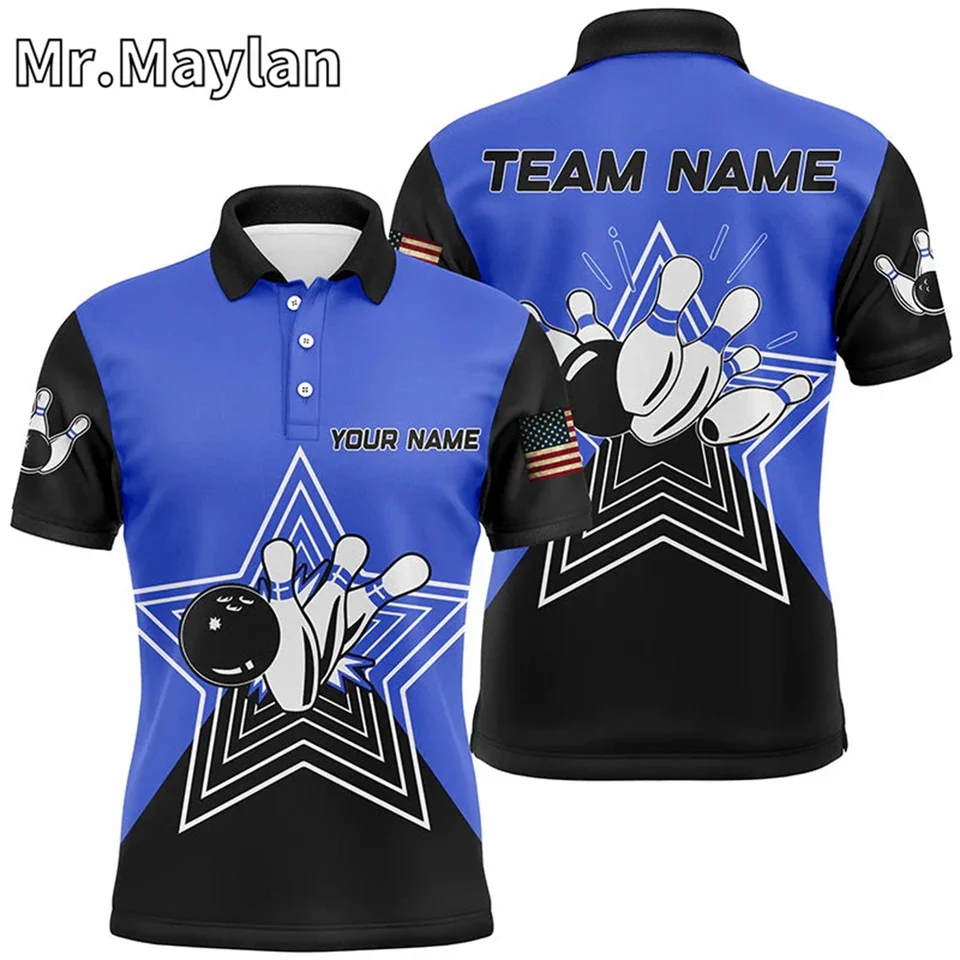 3D modrá a čierna retro bowlingová loptička Pins Star Custom Men's Bowling Polo košele tímové dresy darček pre milovníkov bowlingu unisex topy