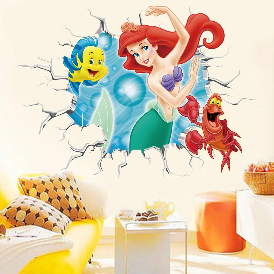 3D morská panna princezná pod vodou scenéria Porthhole Wall Stickers for Girls Room Decorácie nástenné umenie DIY Domáce obtisky pre deti darček
