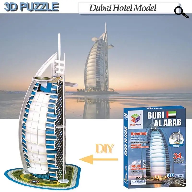3D papierová puzzle Dubaj Burj al Arab 3d World Jigsaw Puzzle World Construction Model Model Zhromaždenie Zhromaždenie Hračka pre deti pre deti