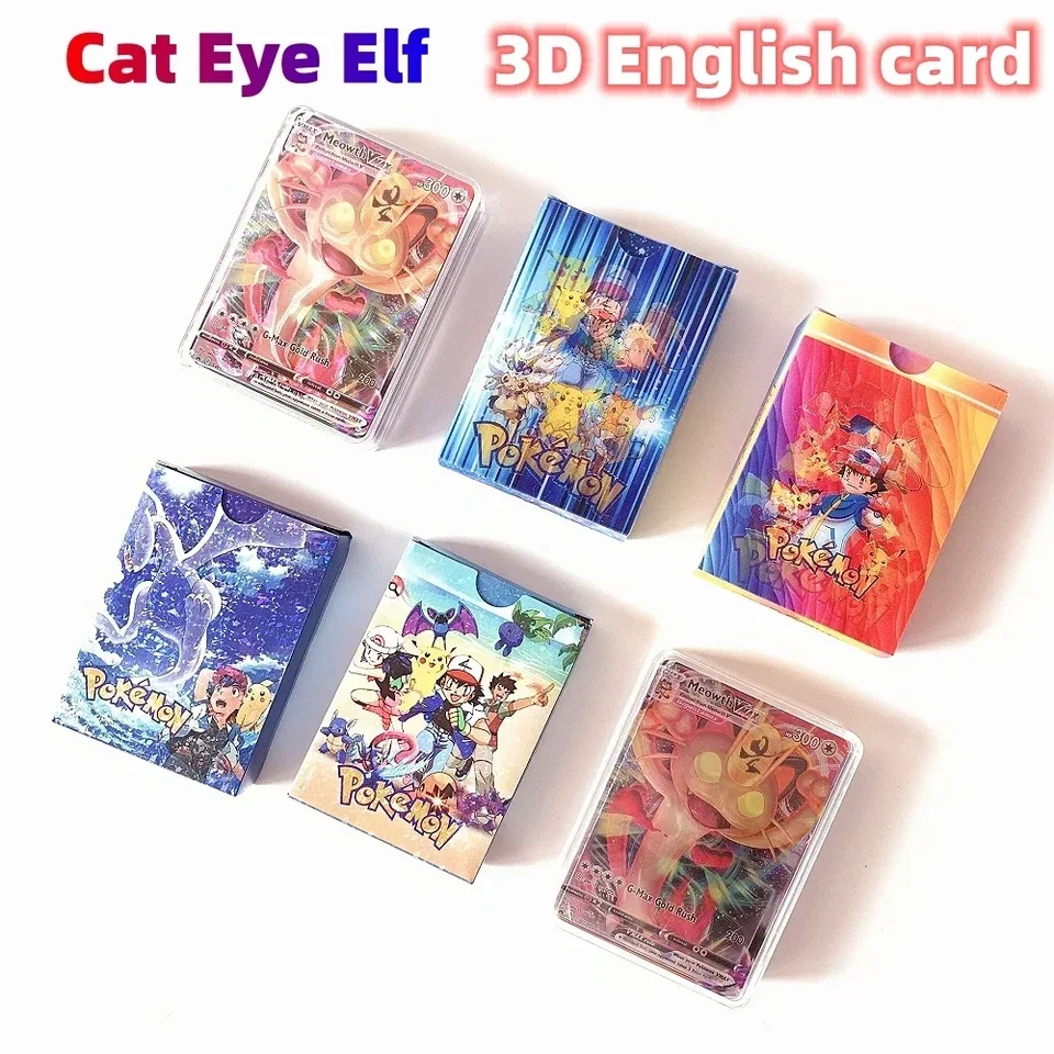3D Pokemon Shining Cat Elf Card English Vmax GX Pikachu Zbierka obchodnej hry Battle Battle Arniversary Card Vianocový darček