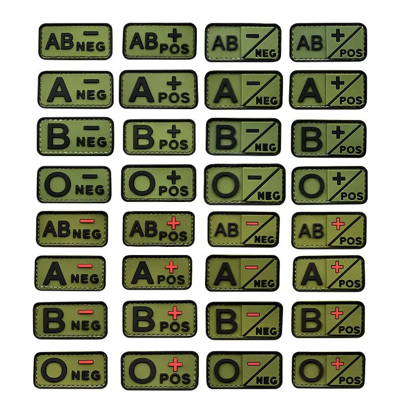 3D PVC Blood Type Hook & Loop Patches pre taktické batohové batohové zelené POS+ GUMBER BADGE Medical Rescue O- krvná značka škrabanca