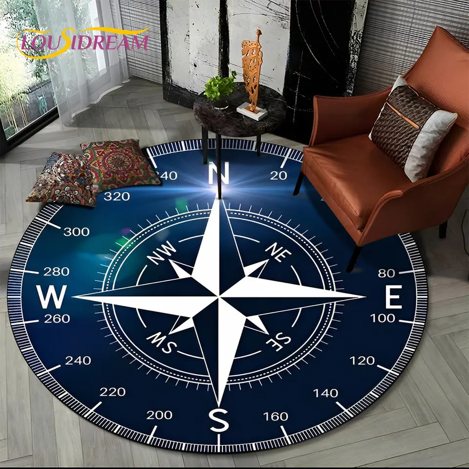 3D Retro Compass Series Circle Area Koberce, okrúhly koberec pre koberec pre obývaciu izbu Spálňa pohovka pre nohy dekorácie DEVOJNÁ PODLAHOVA